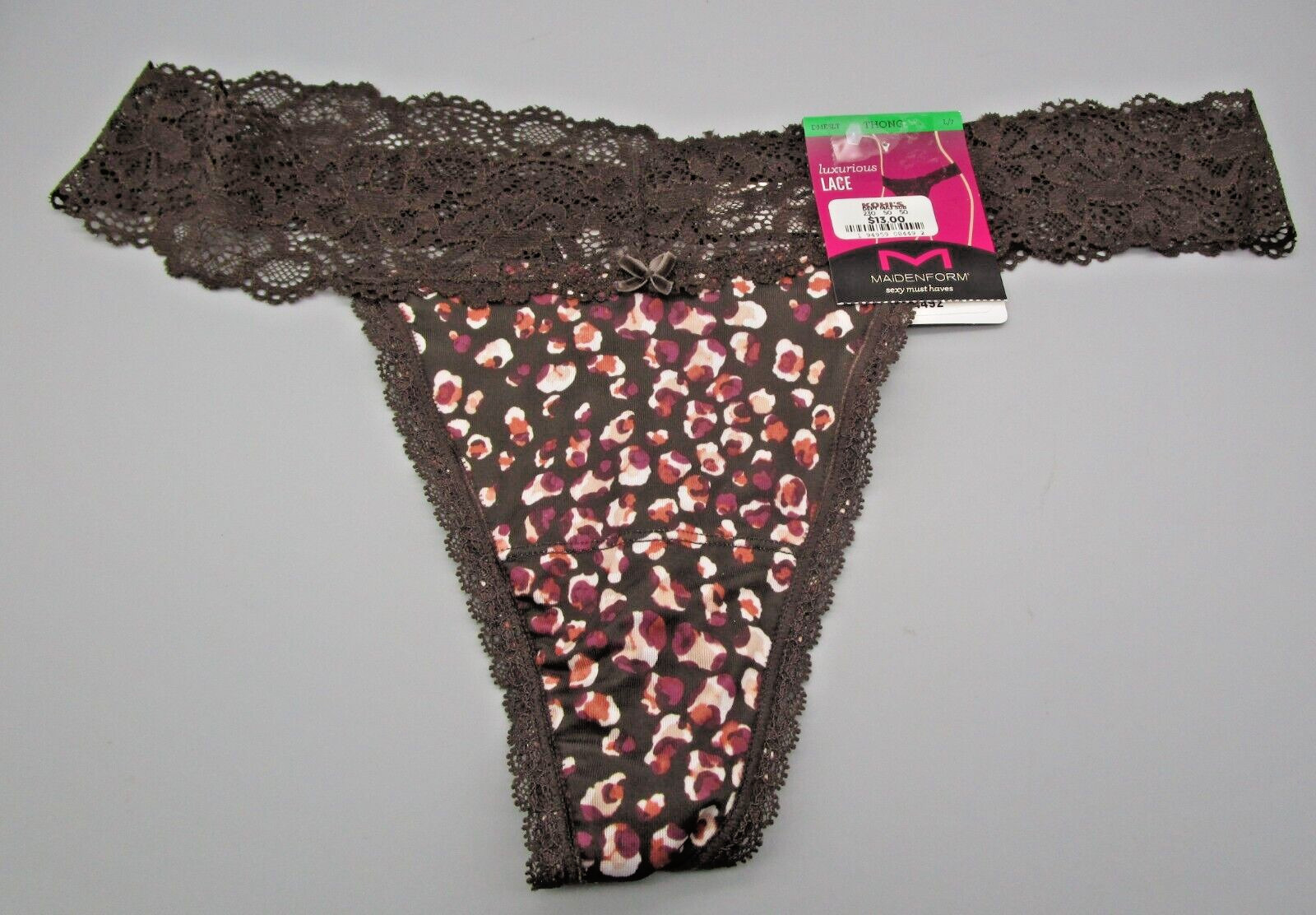 MAIDENFORM~L 7~DMESLT~Cocoa Cat Print Sexy Must Haves Floral Lace Thong