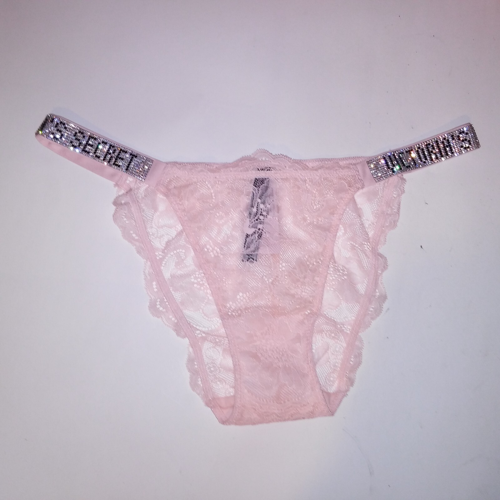 Victoria Secret Panty Bikini Small Light Pink Lace Shine Strap Logo Rhinestone