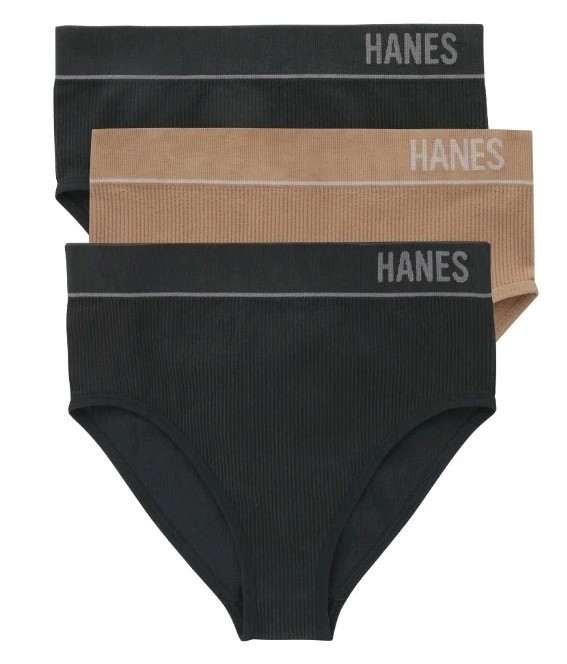 Hanes Women’s XL Seamless Rib Hi-Leg Bikini Underwear 3 PACK Black Beige #10726