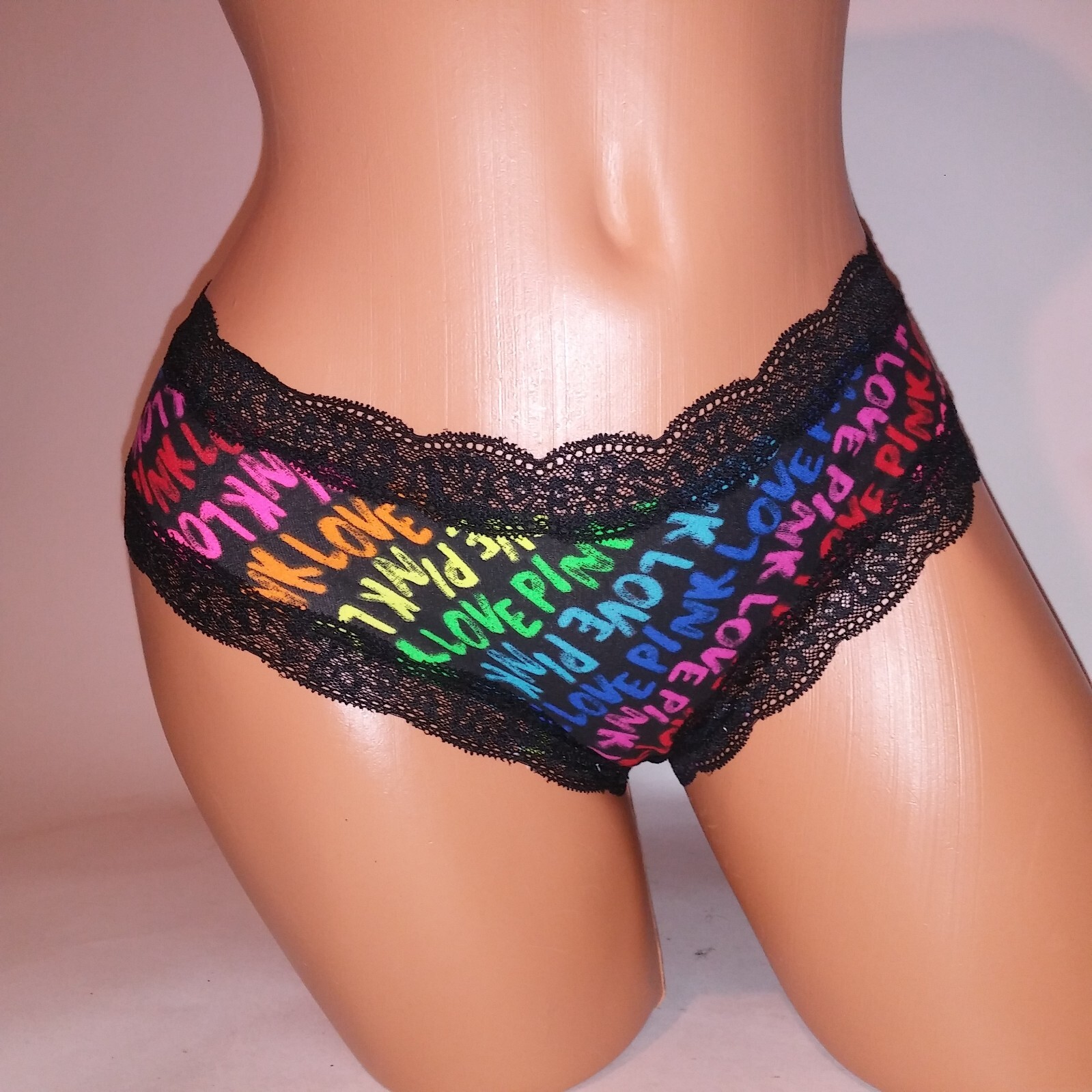 Victoria Secret PINK Panty Cheekster Black Lace Colorful Rainbow Allover Logo