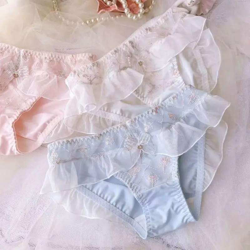 Floral Embroidery Briefs Mid Rise Ruffle Lace Underwear Panties Women Soft