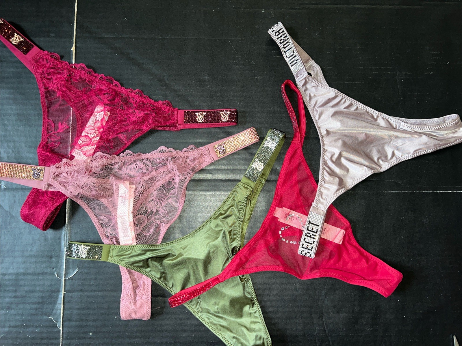 Victoria’s Secret L THONG PANTY LOT Green Taupe Gray Red Kir Pink SHINE STRAP