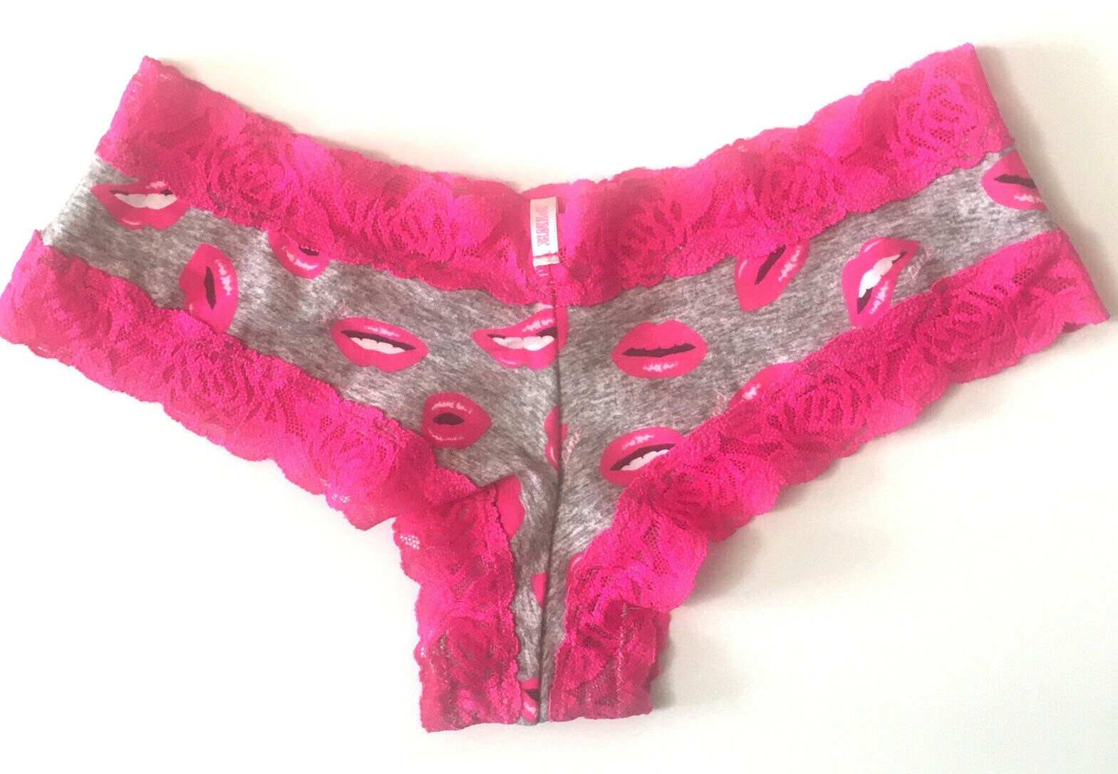 Victorias Secret PINK Cheeky Panties Size S Sexy Hot Lips Mouth Pink Lace Trim
