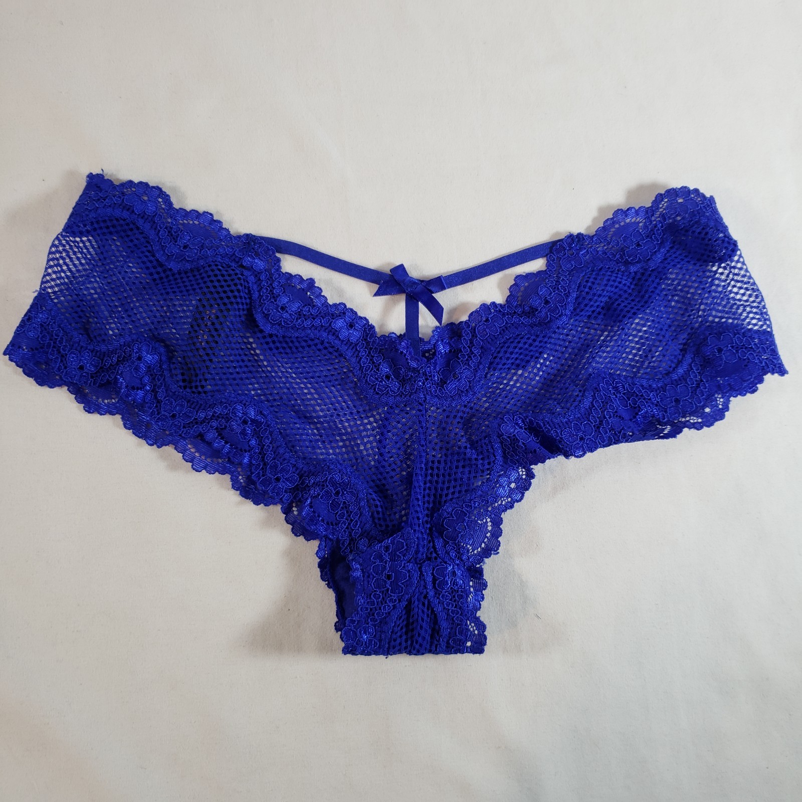 Victoria’s Secret Cheeky Small Royal Blue Sheer Fishnet T-Back Lace Trim