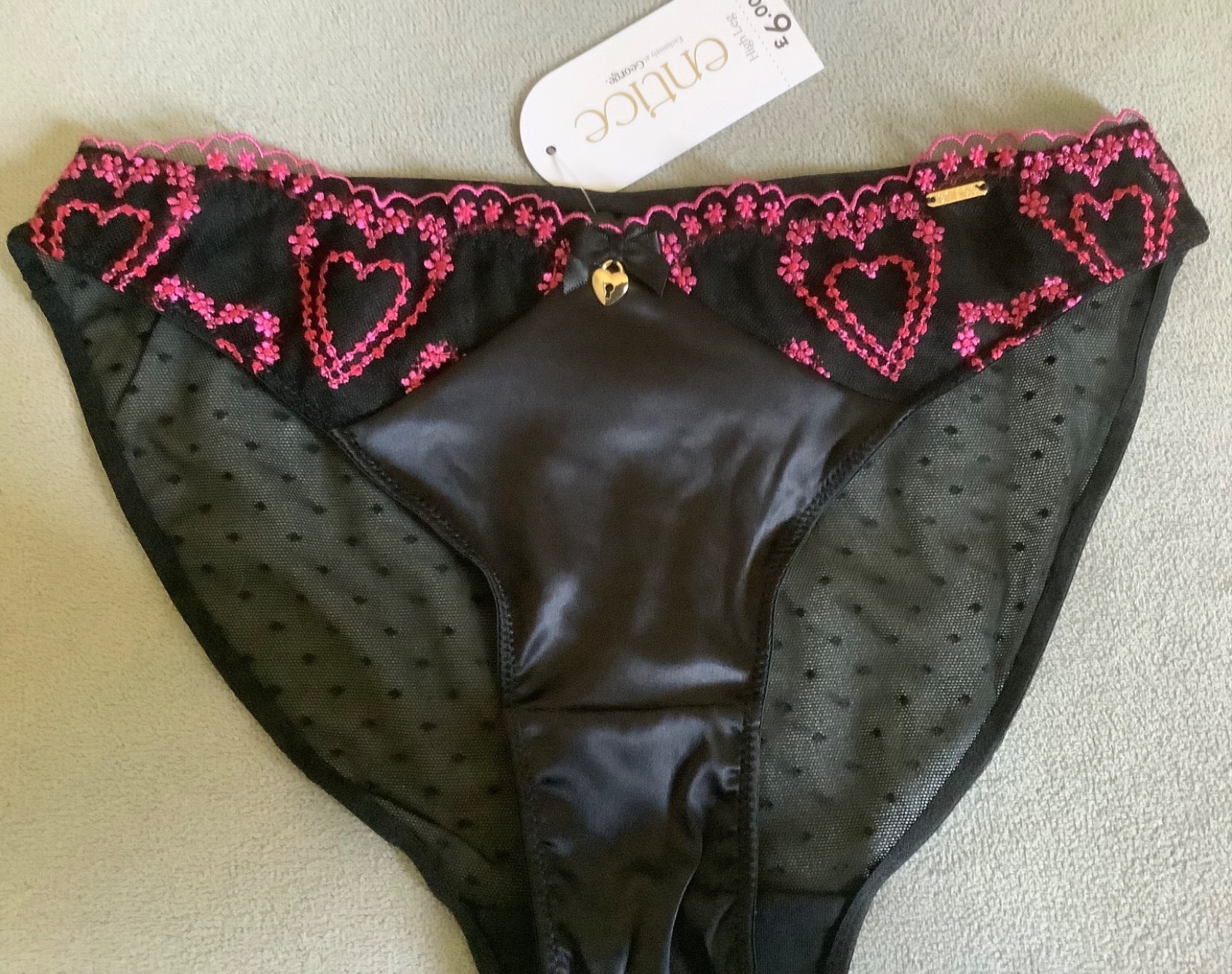 GEORGE Black with Embroidered Pink Hearts Satin,Lace & Mesh Knickers Sz 6 -BNWT