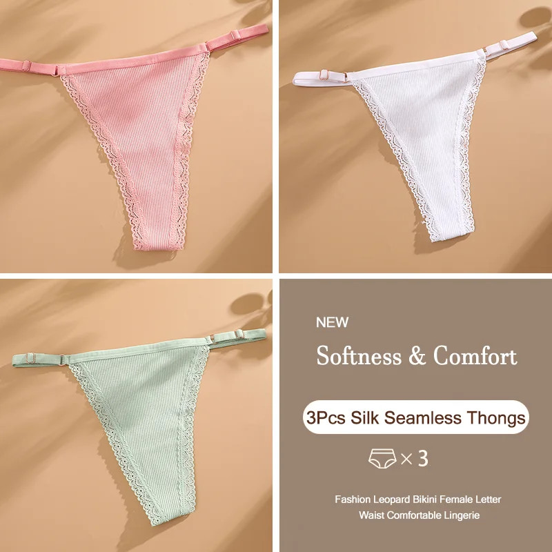 Low Rise Thong Panties Cotton Seamless Stretch Breathable Adjustable Fit 3PCS