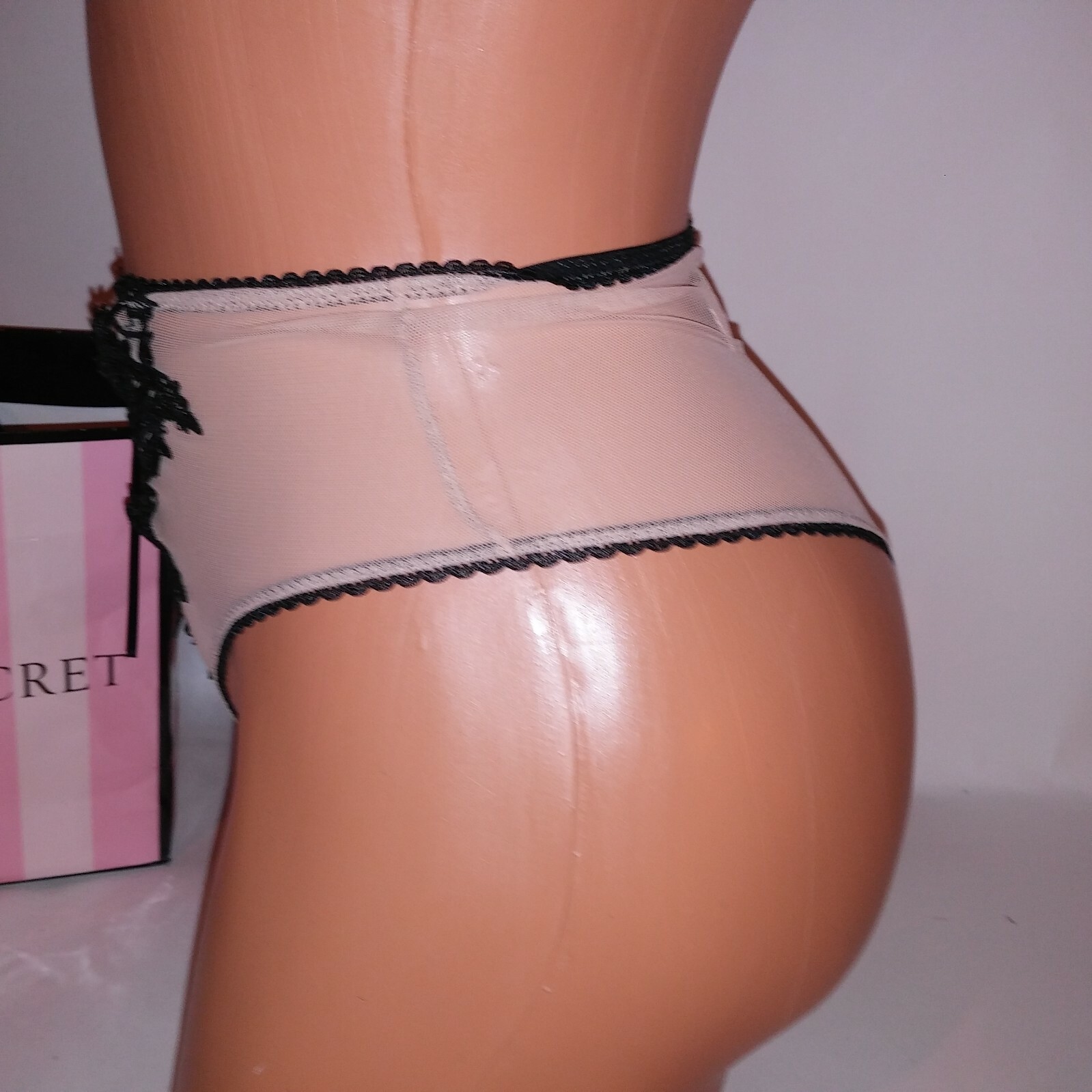 Victoria Secret Panty High Waist Thong Beige Black Sheer Lace Up Front Dream Ang