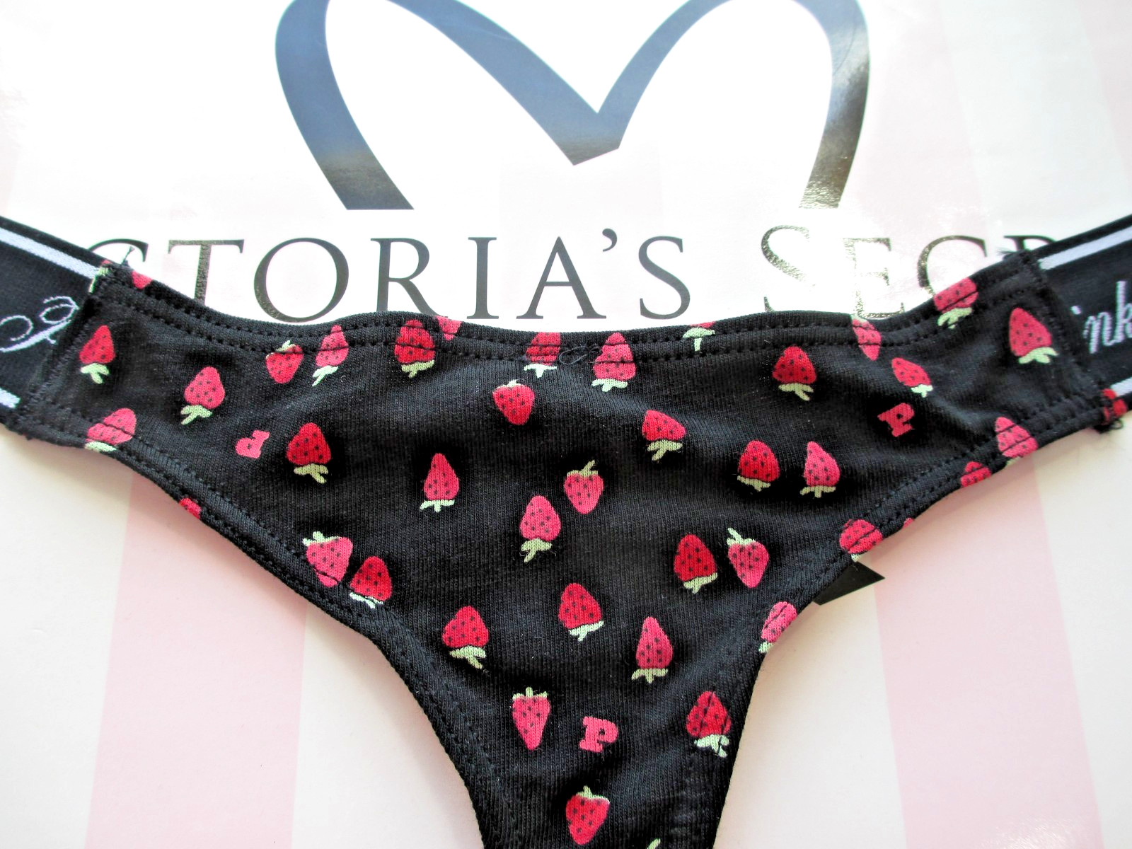 VICTORIA’S SECRET PINK Cotton Logo High Leg Thong Panty S M L Black Strawberries