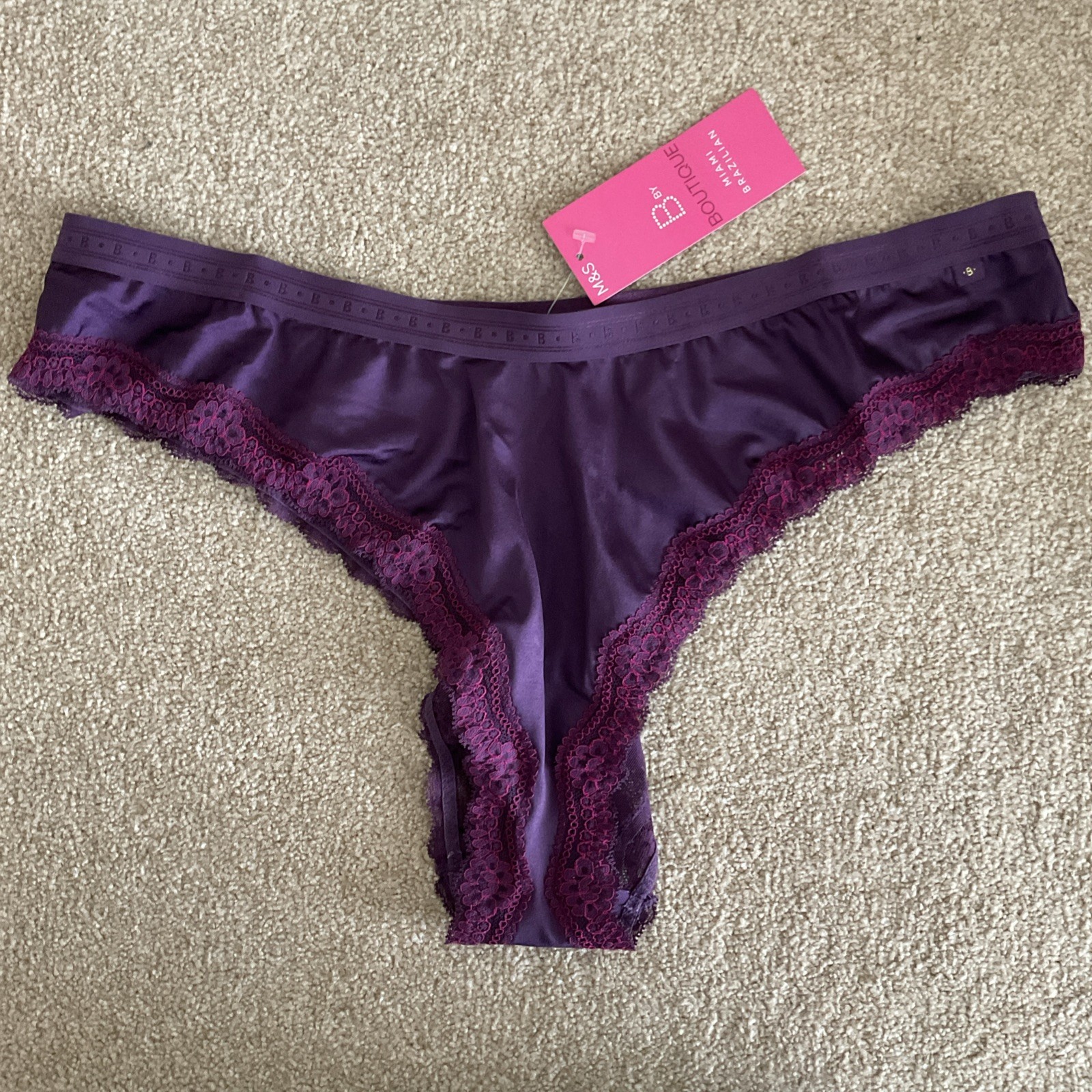 M&S LARGE 16-18 Boutique Satin Miami Brazilian Knickers BlackBerry Mesh Rear L