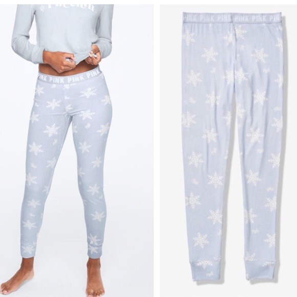 New PINK VICTORIA SECRET Sleepwear Joggers Pant Snowflake Blue White Christmas S