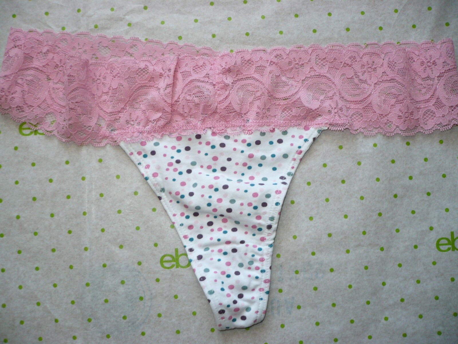 Rue 21 Women’s Thong Panties MEDIUM Pink Polka Dots Lace Waist
