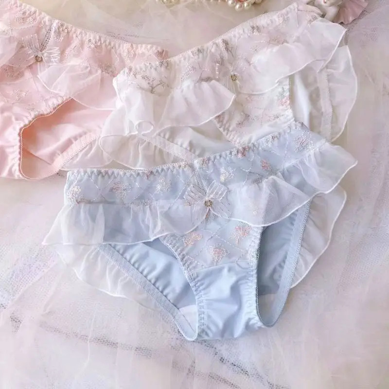 Floral Embroidery Briefs Mid Rise Ruffle Lace Underwear Panties Women Soft