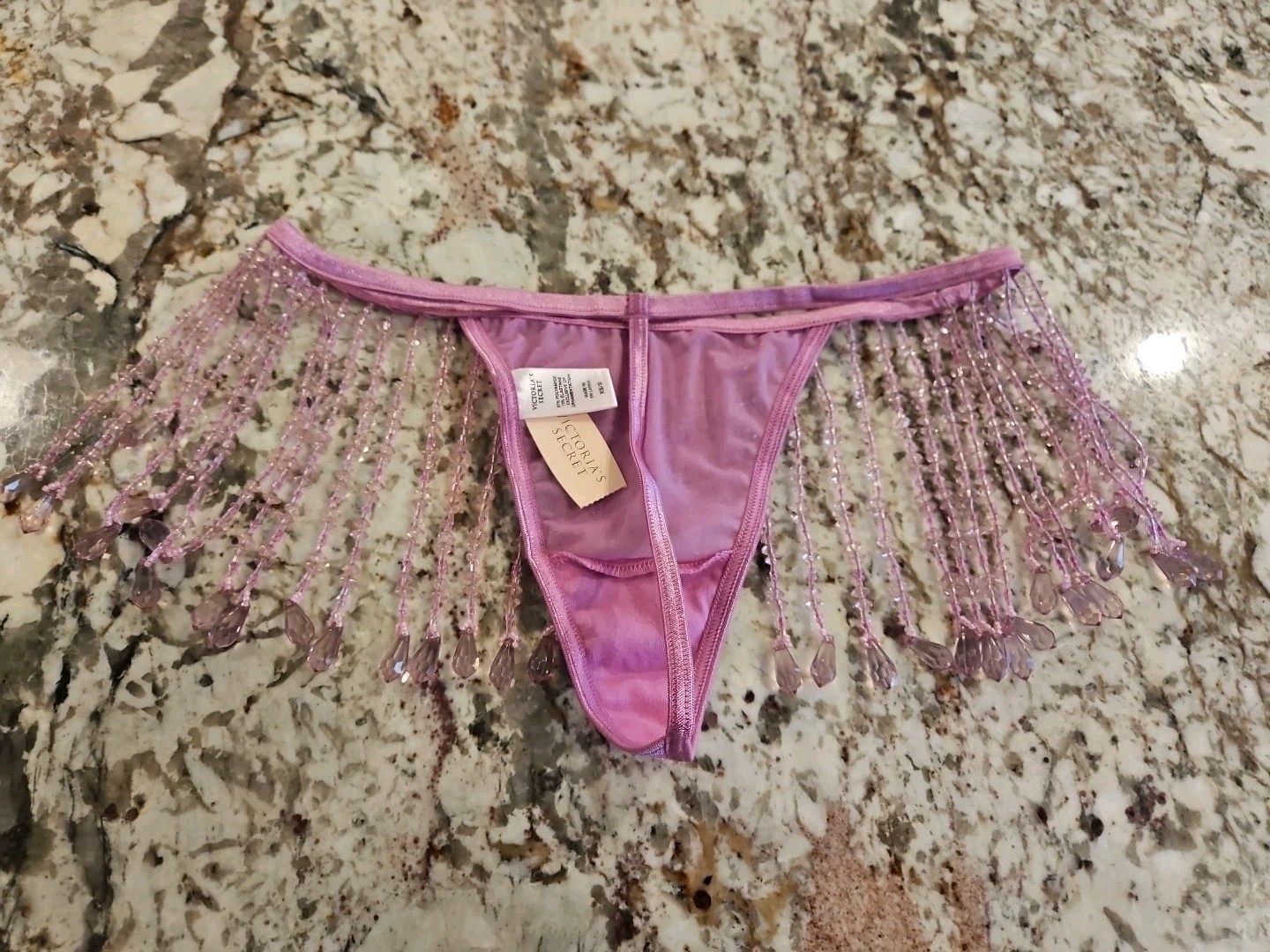 True Vintage Victoria Secret Beaded Gem V string Thong T Back Pink Panties