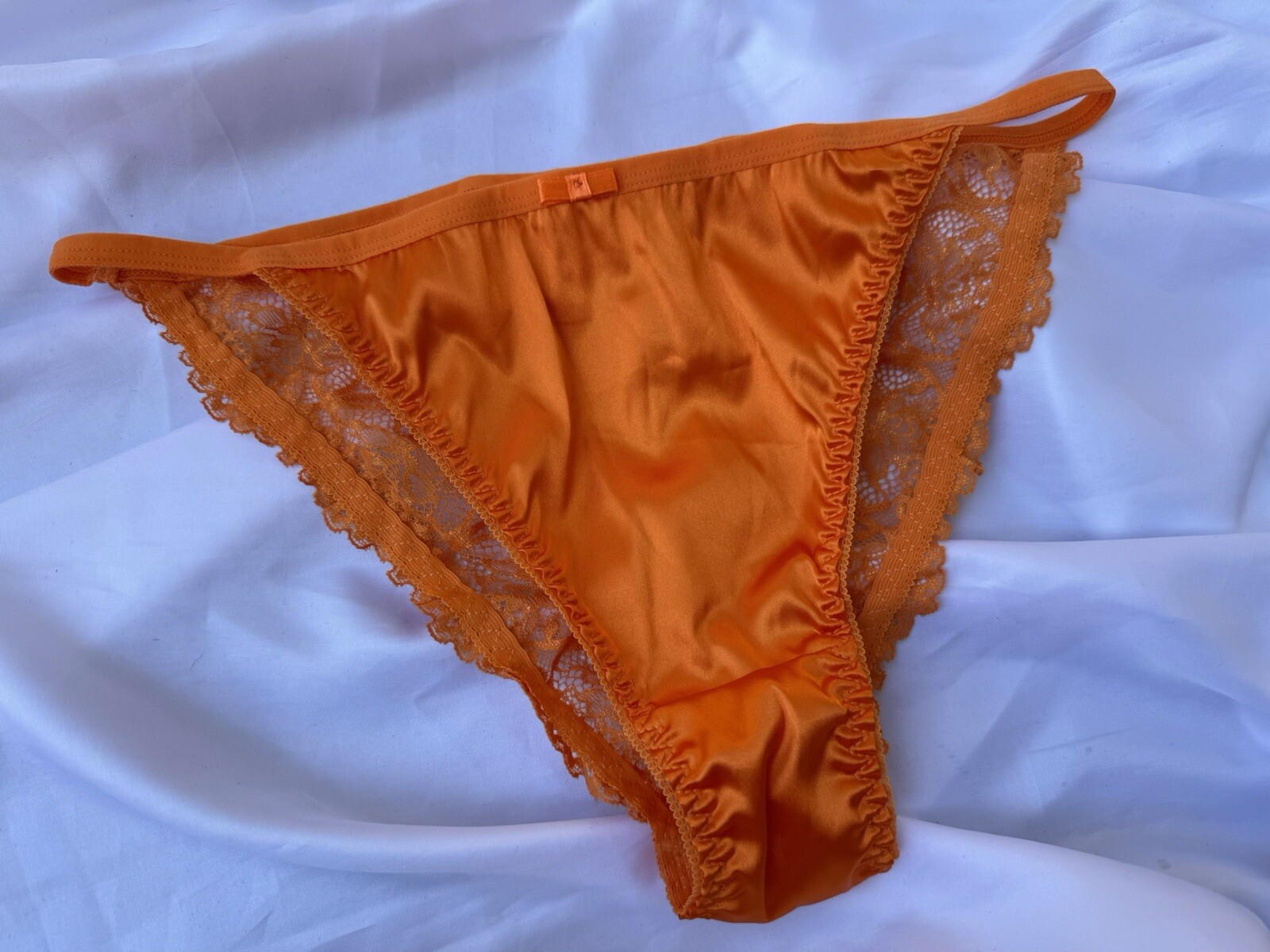 Bright Fall Orange Satin String Bikini Panties Delicate Lace Back Sz Medium