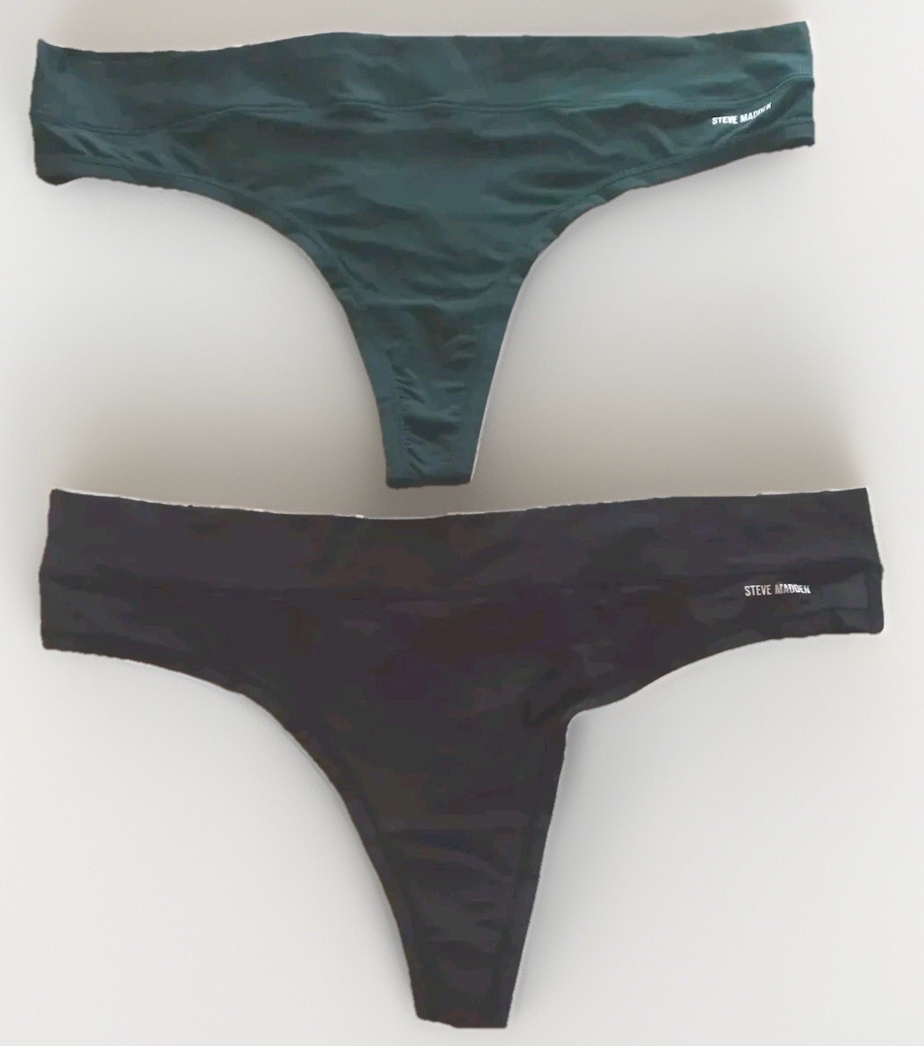 Steve Madden Women’s High-Leg Nylon Panty Thong Underwear Black Olive Size M 2pc