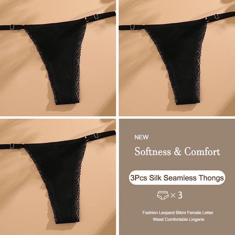 Low Rise Thong Panties Cotton Seamless Stretch Breathable Adjustable Fit 3PCS