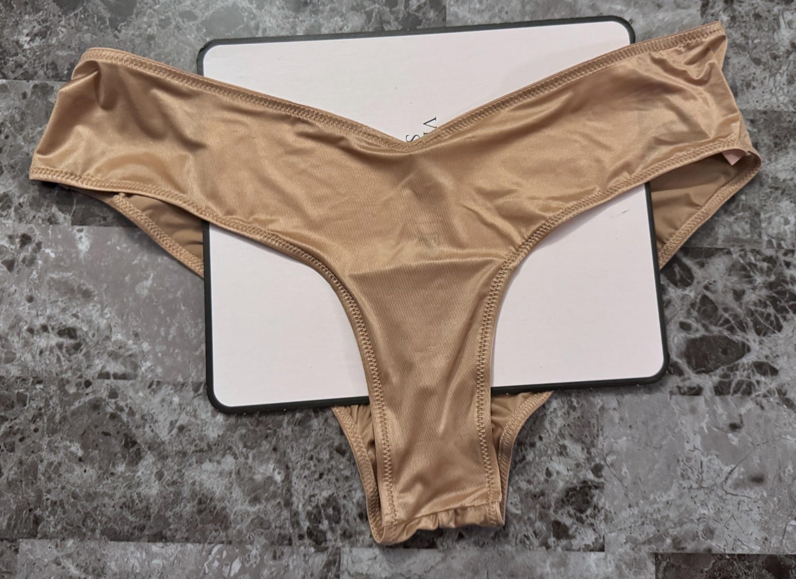 NWT VICTORIA’S SECRET BEIGE SATIN SMOOTH STRAPPY BACK GOLD RING CHEEKY PANTIES
