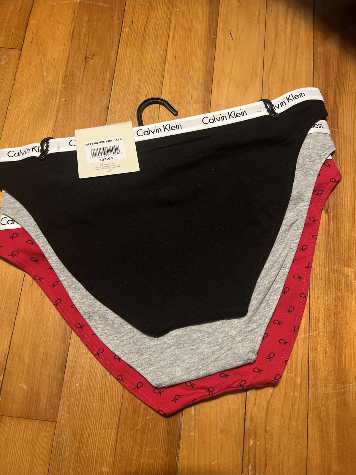 CALVIN KLEIN 3 pack Bikini SZ Large Cotton blend BLACK GRAY RED LOGO color NWT