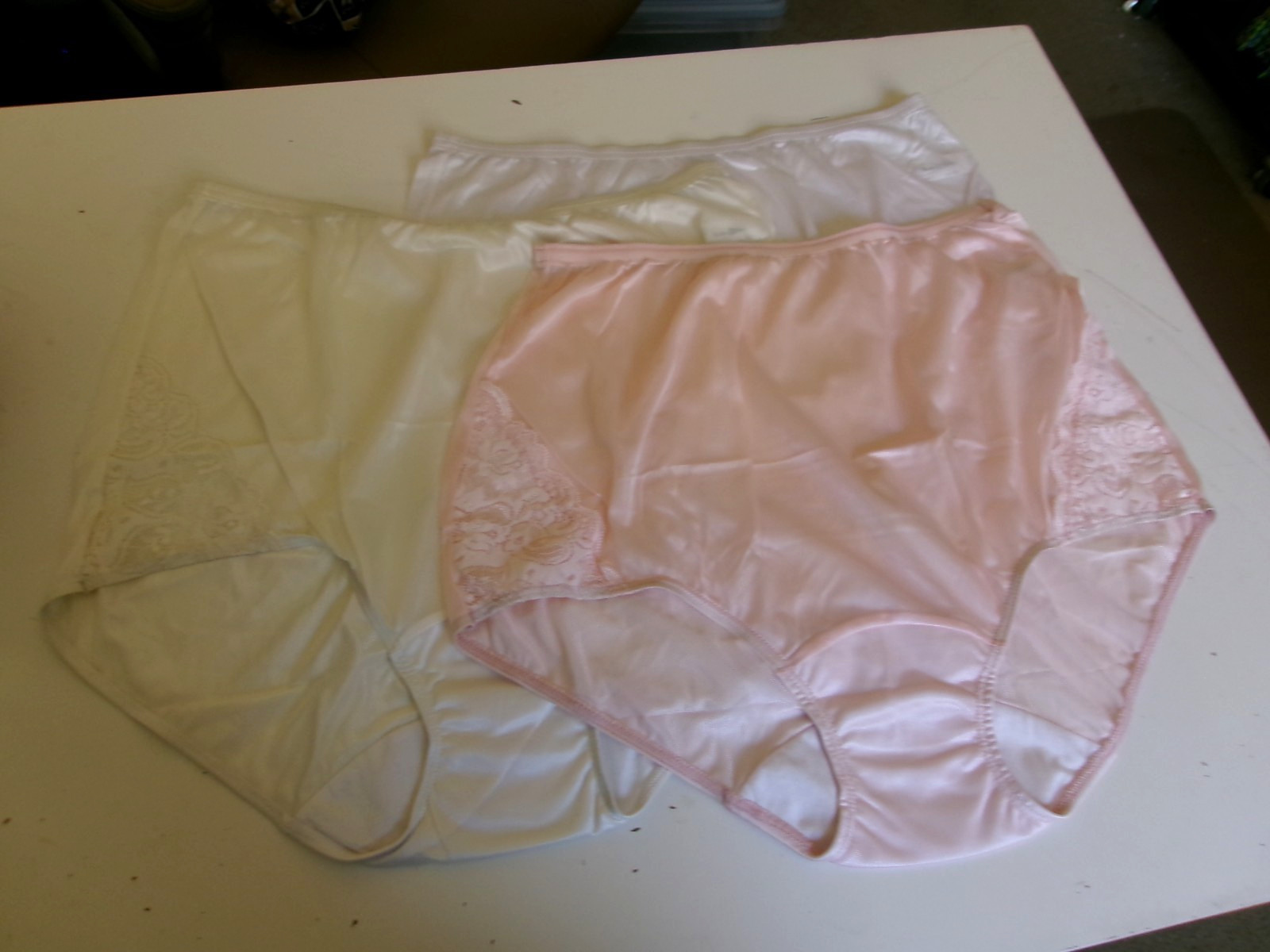 3 Shadowline Nylon Full Briefs side lace Style 17082 Size 8 Blush Ivory White