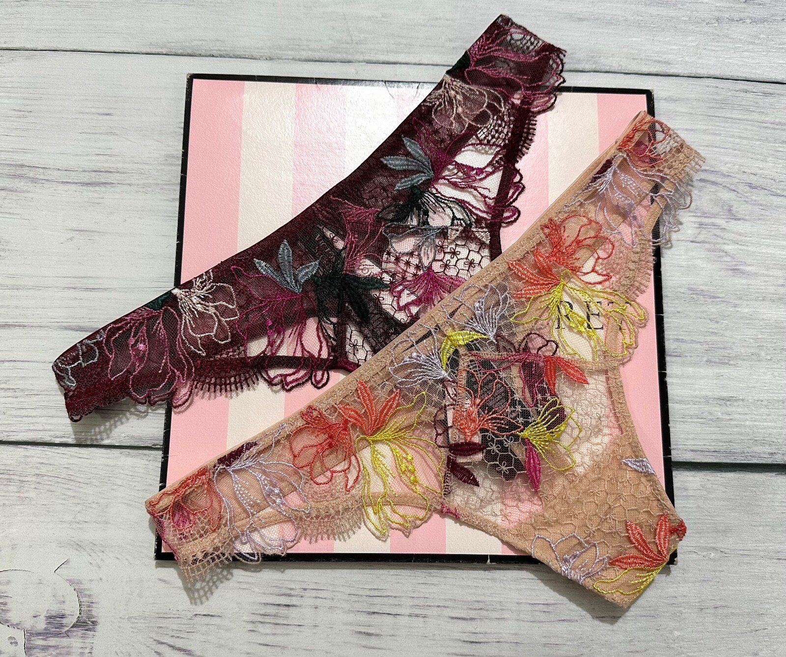 VICTORIA’S SECRET VERY SEXY FLORAL EMBROIDERED THONG PANTY BURGUNDY BEIGE