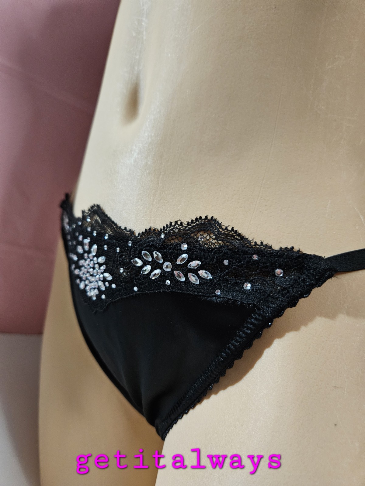 XS-M Victoria’s Secret SATIN Rhinestones Lace Trim Mesh Back Thong Panty