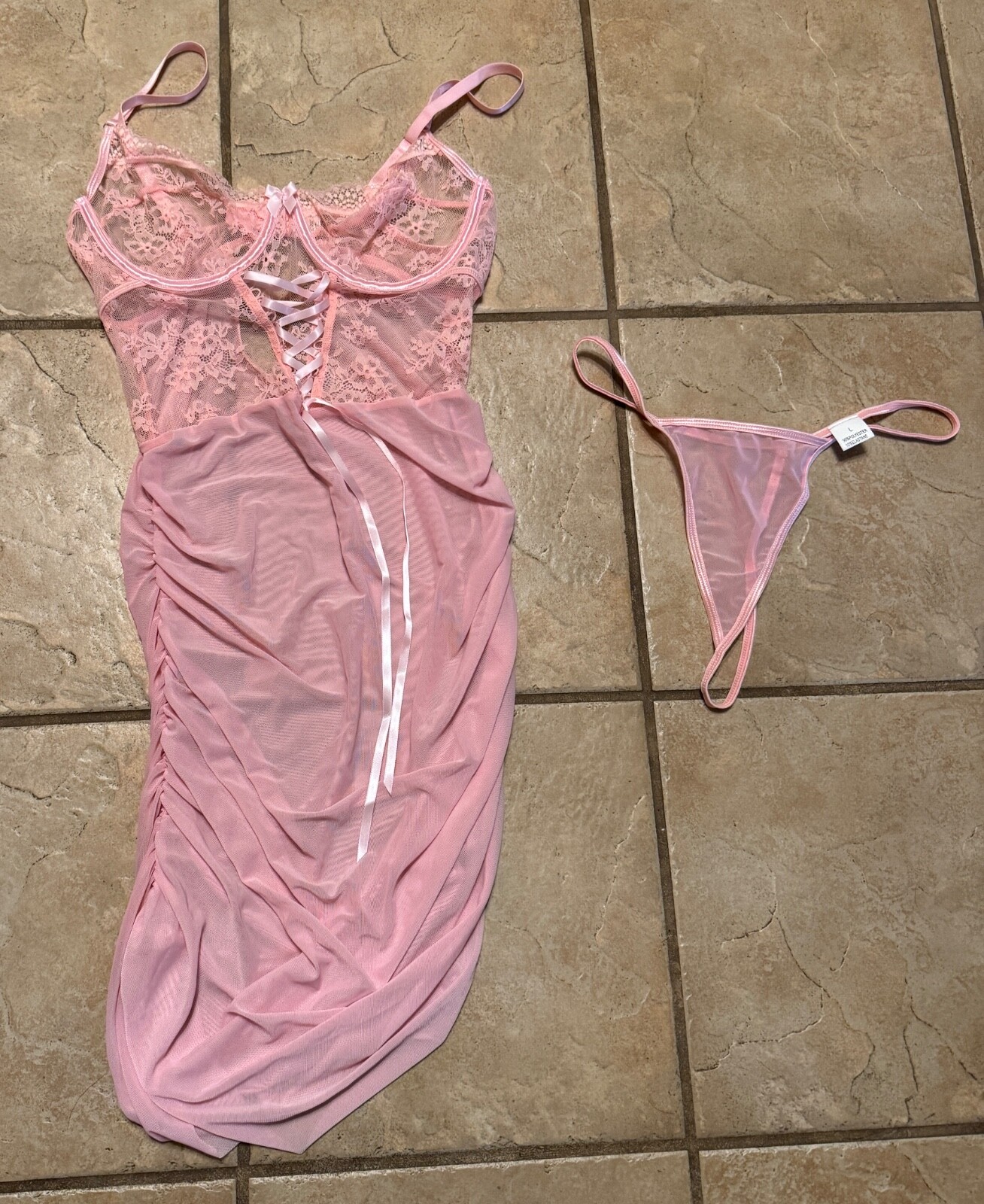 Shein Women’s Large Intimates 2 Piece Set Runched Dress + Thong Pink Sheer