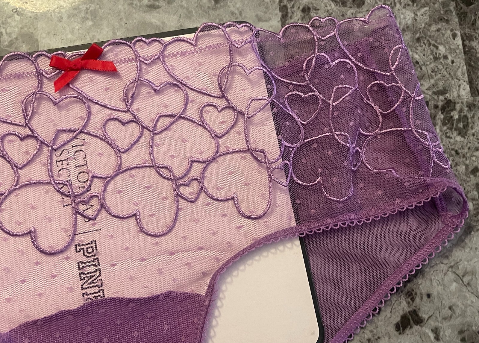 NWT VICTORIA’S SECRET PINK PURPLE HEART NETTED POLKA DOTTED MESH CHEEKY PANTIES