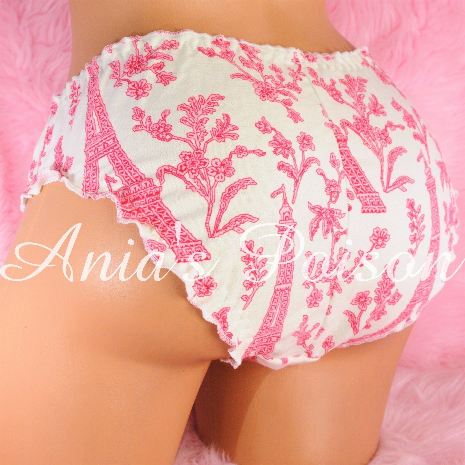 Sissy ruffled cotton soft Paris print ladies Pink Ivory Bikini sleep Panties S/M