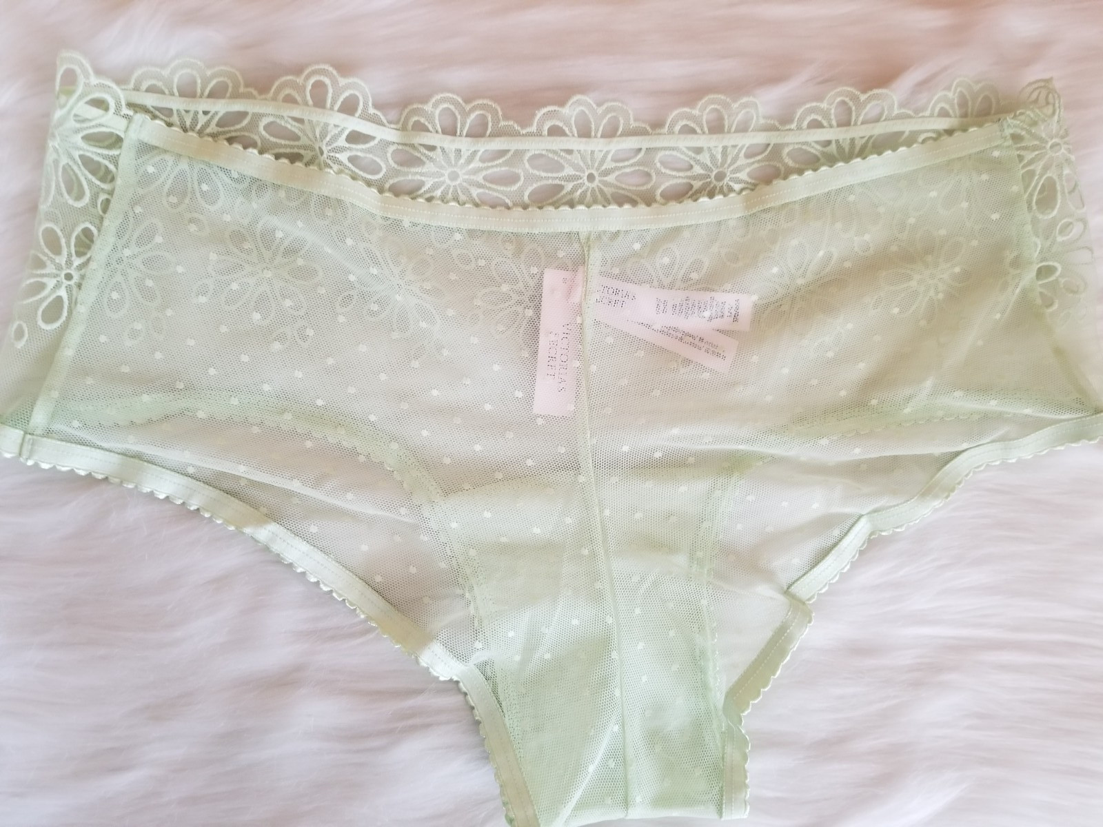 VICTORIA’S SECRET EYELET FLORAL MESH CHEEKY PANTY GREEN LARGE NWT