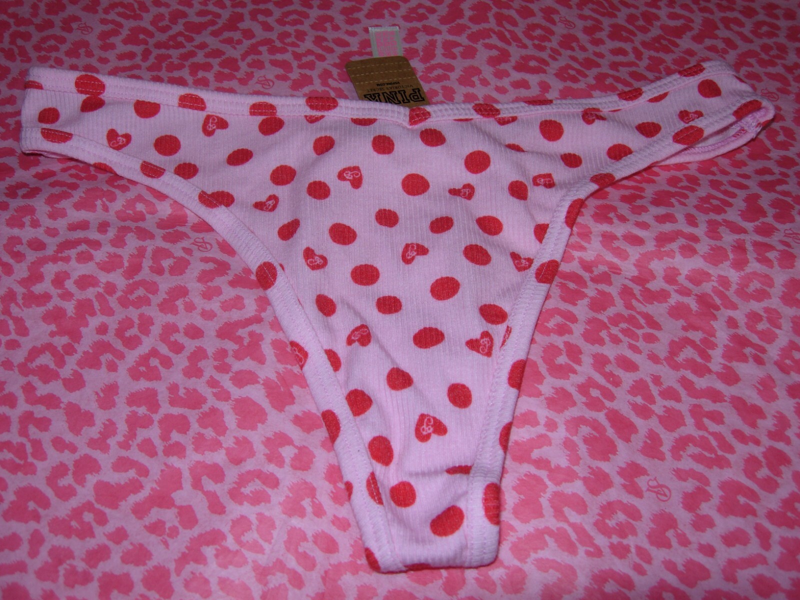 Victorias Secret PINK Sexy Thong String V-Cut Pink Red Polka Dots & Hearts NWT