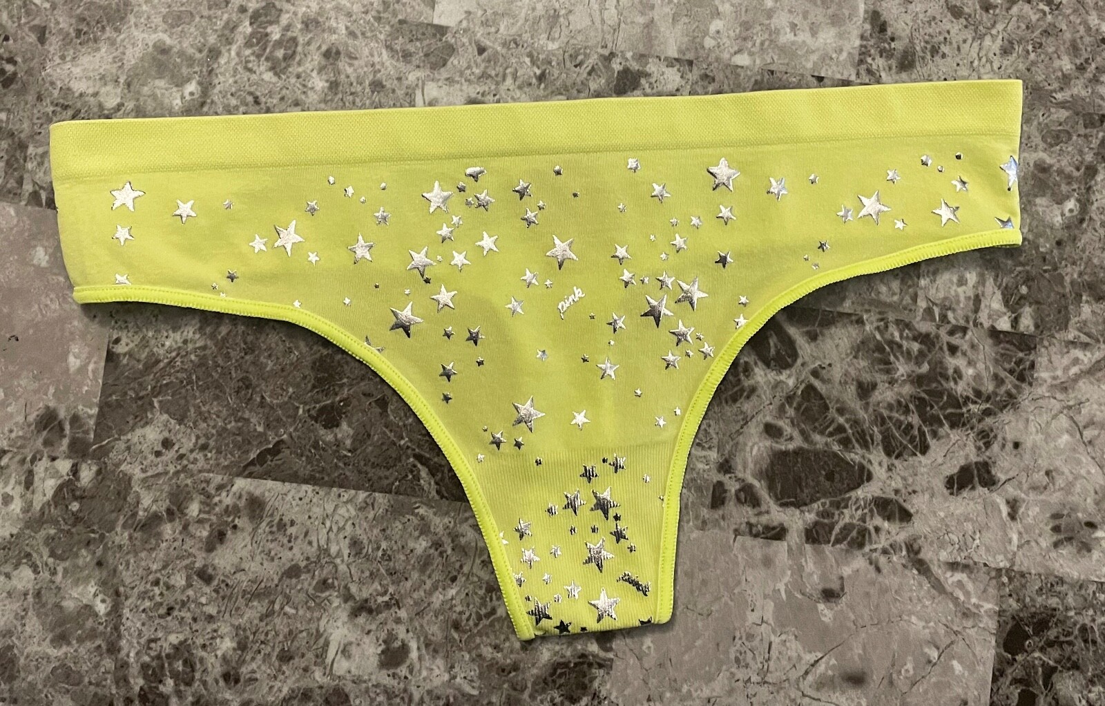 NWT VICTORIA’S SECRET PINK GREEN SILVER STAR LOGO SEAMLESS THONG PANTIES
