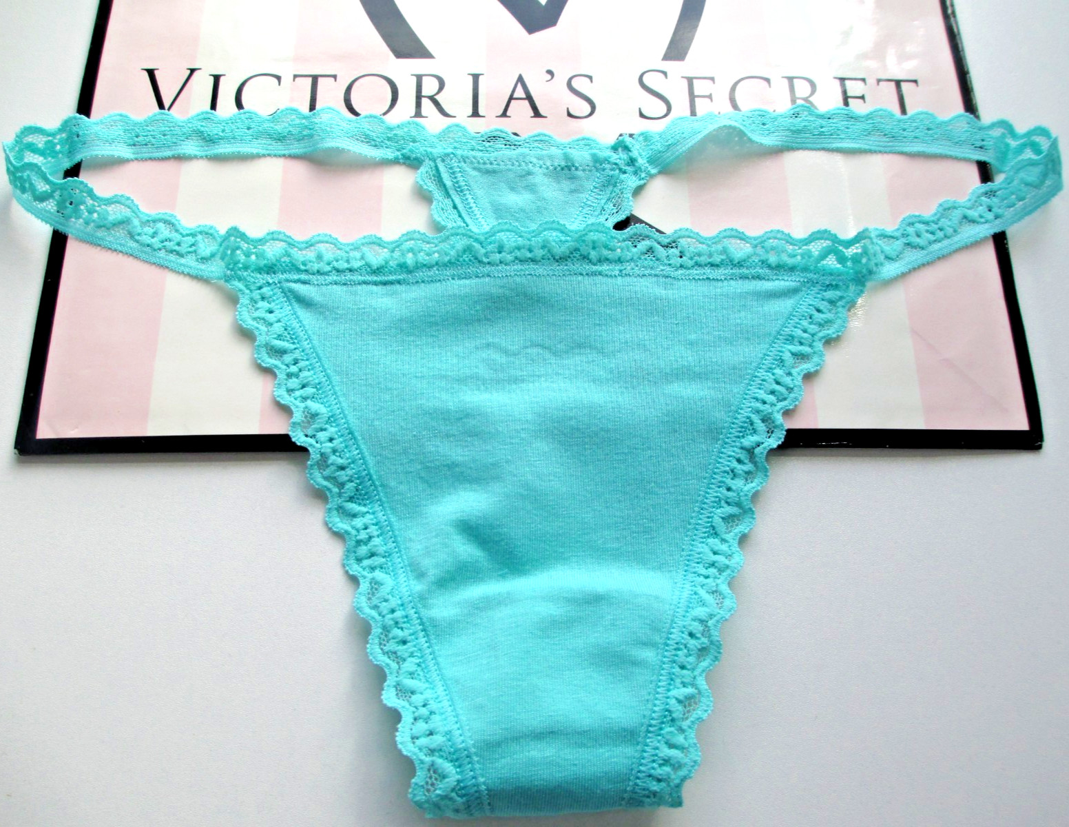 VICTORIA’S SECRET Cotton V-String Thong Panty VS Lace Trim S M XL Aqua Blue NWOT