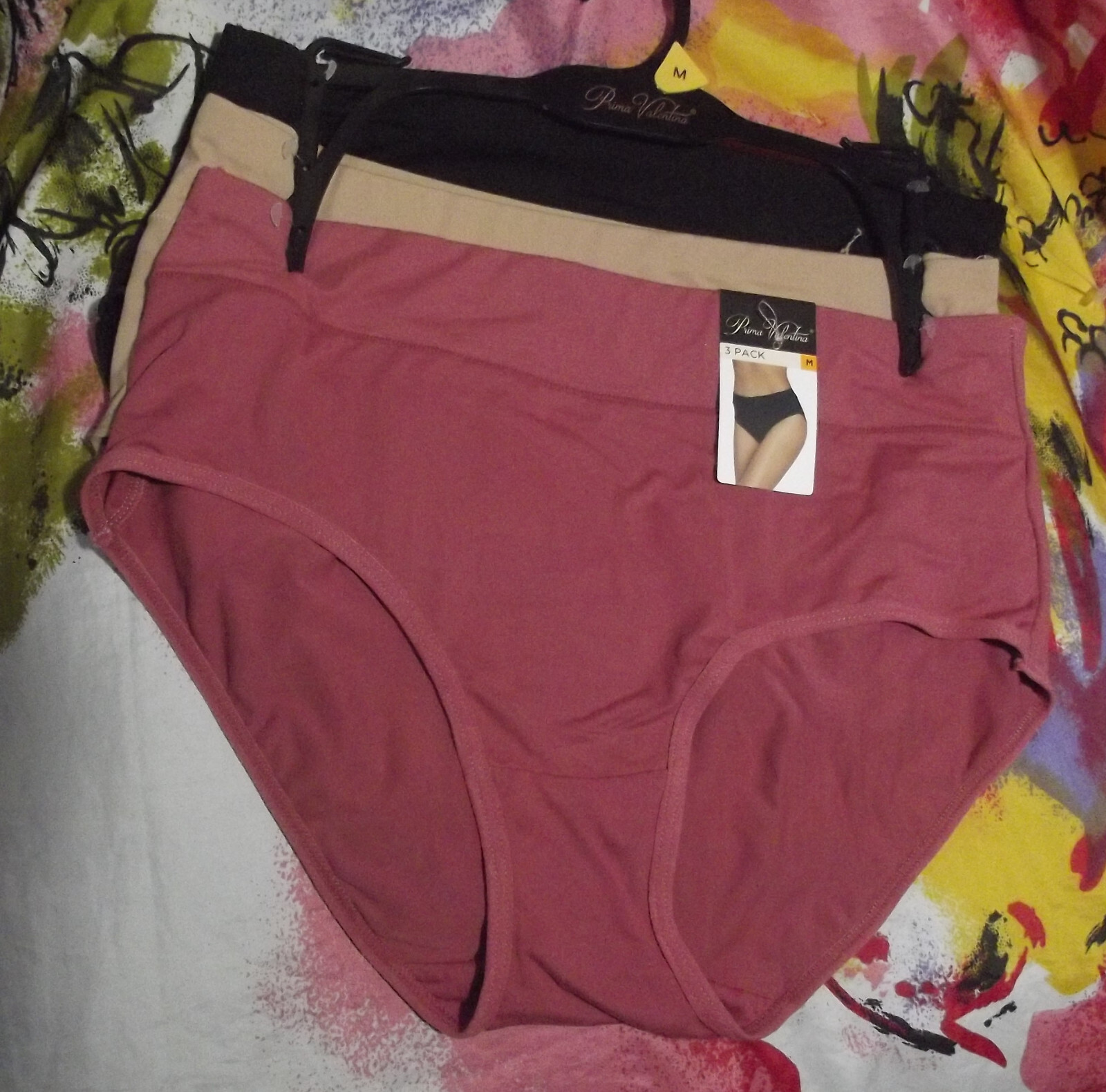 3 NEW PRIMA VALENTINA 871406 RS/BG/BK MF LAY FLAT COMFORT WAIST BRIEF PANTIES M