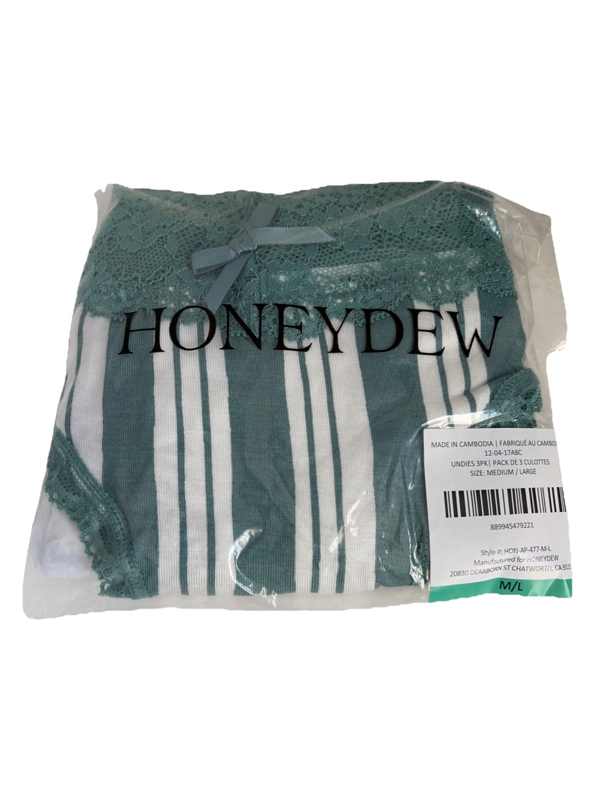 Honeydew Thong Panties 3 Pack Jade Mist Cream Stripe Medium / Large
