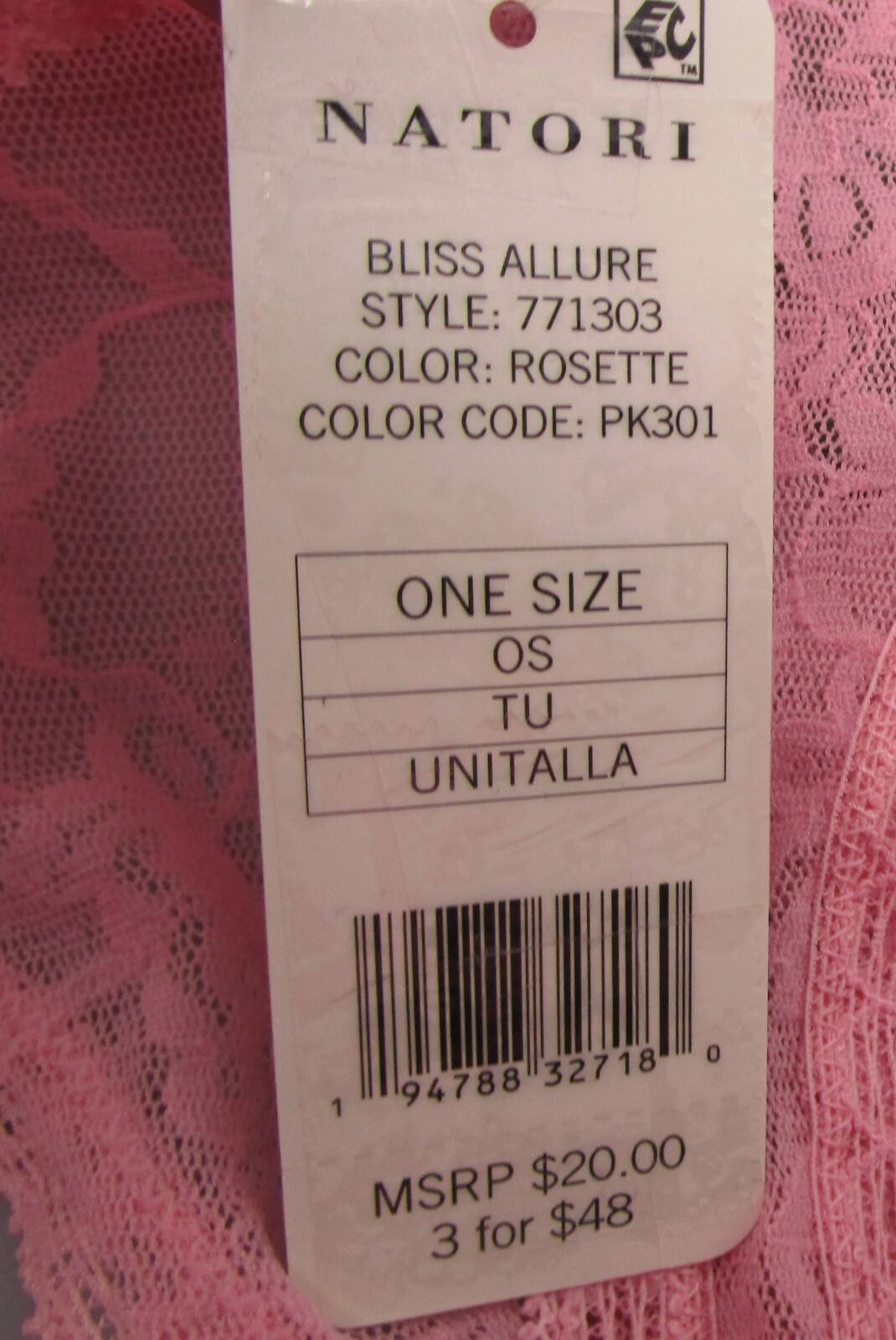 NATORI~ONE SIZE (S-XL)~771303~Rosette Pink BLISS ALLURE Lace Thong