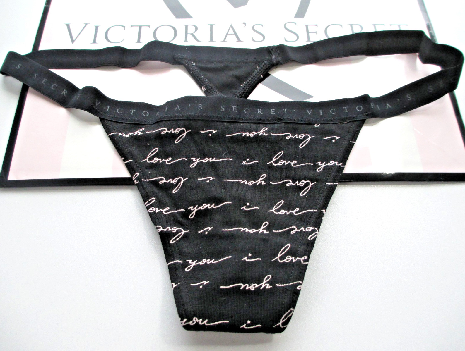 VICTORIA’S SECRET Cotton V-String Thong Panty S L Black Script NWT FREE SHIP 4+