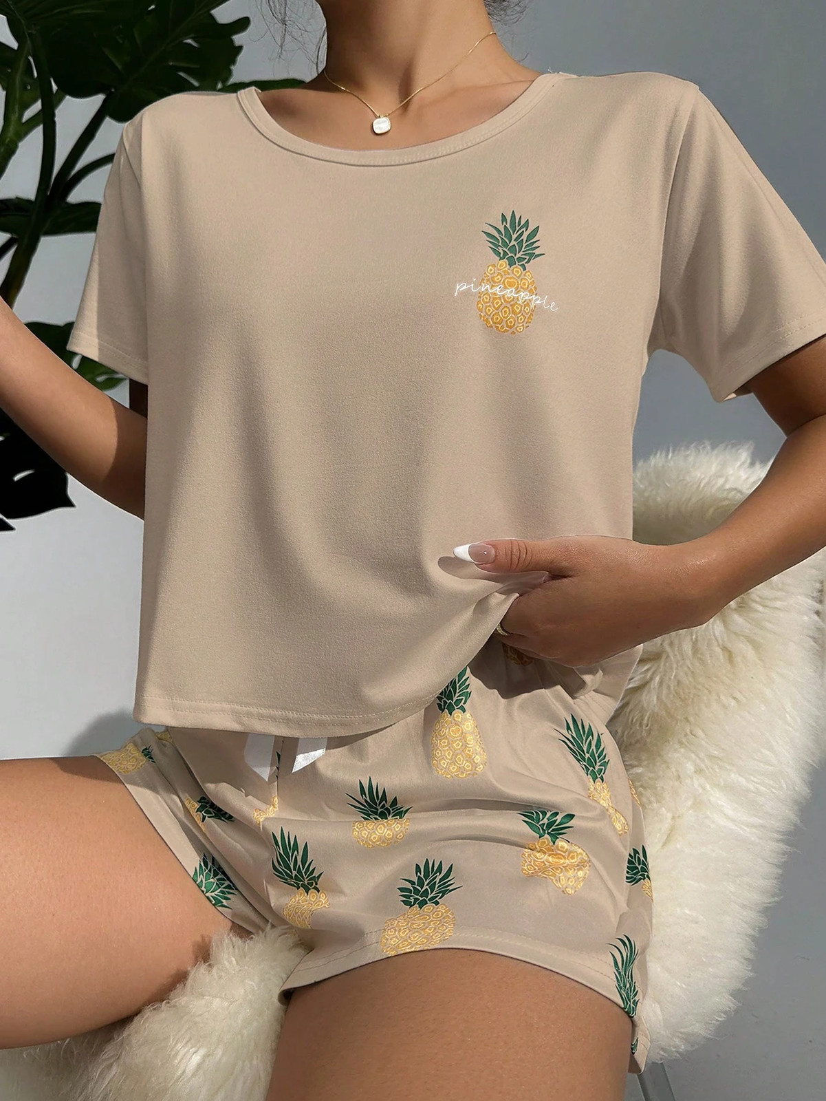 Ladies Pineapple Pattern T Shirt & Shorts Pyjama Set Cheap24