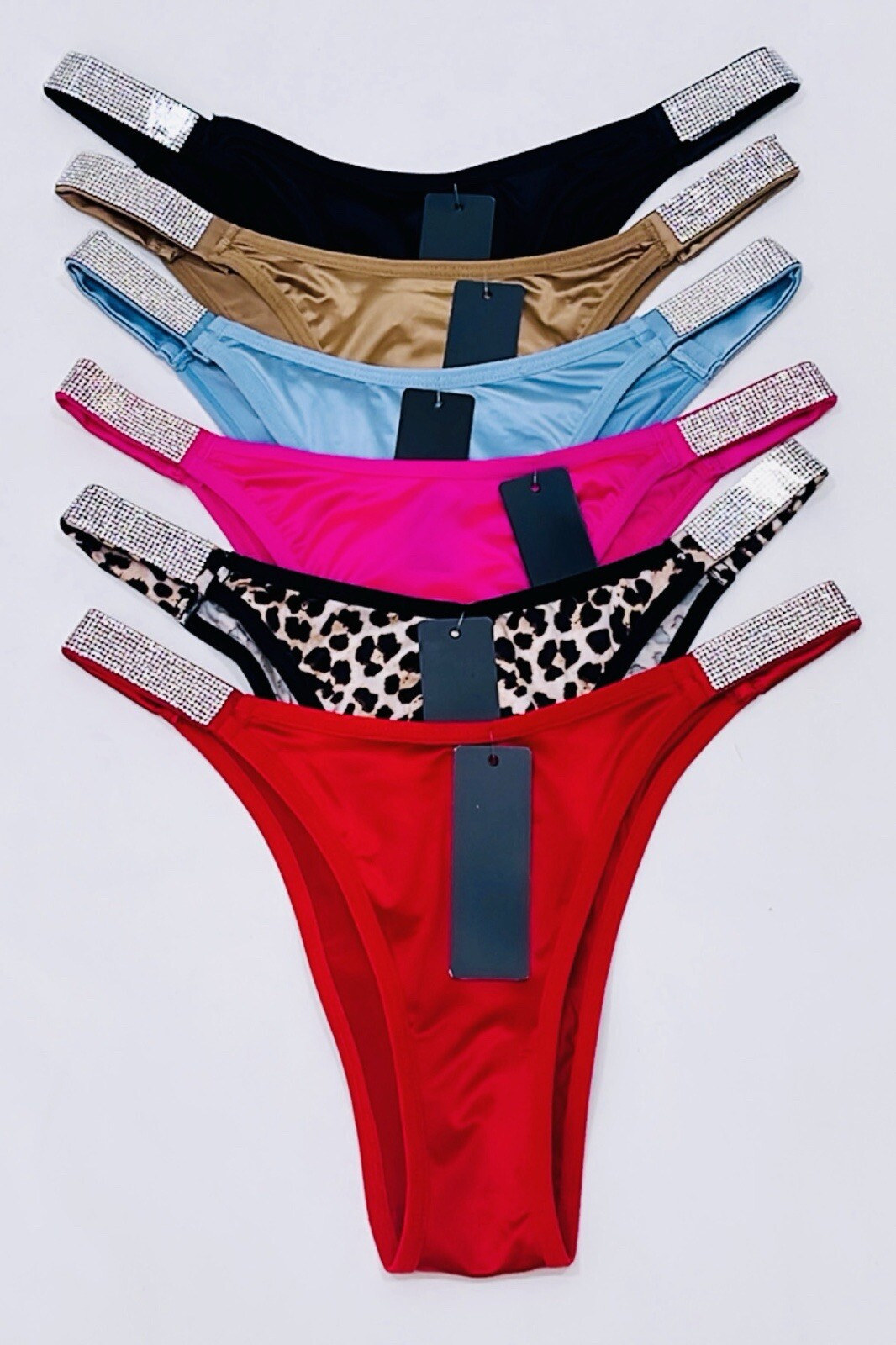 6 Very Sexy Rhinestone Shine Strap Bling Chain Satin Thong Panties Brazilian S