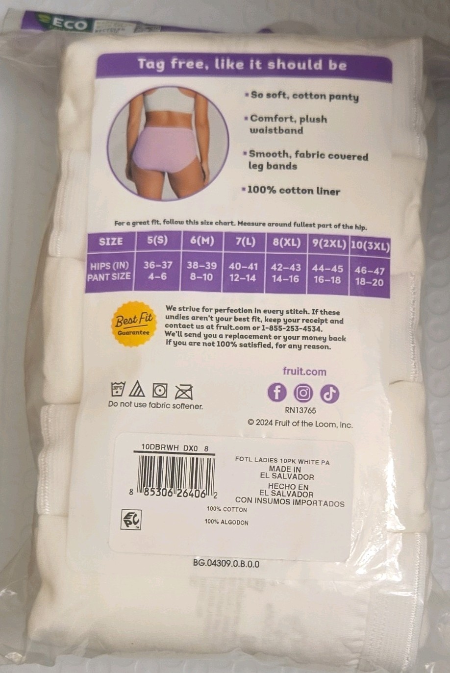 Fruit Of The Loom Women’s Cotton Briefs 10 Pack Size 8 XL Pant Size 14-16 White