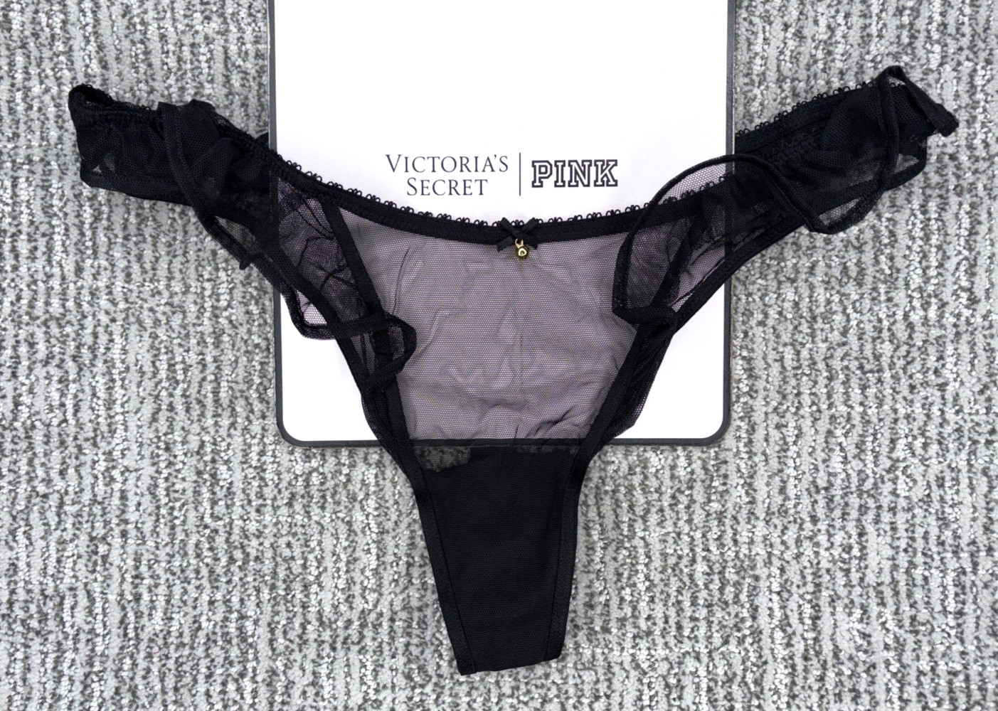 Victoria’s Secret Very Sexy NWT Large Black Jingle Bell Mesh Ruffle Thong Panty