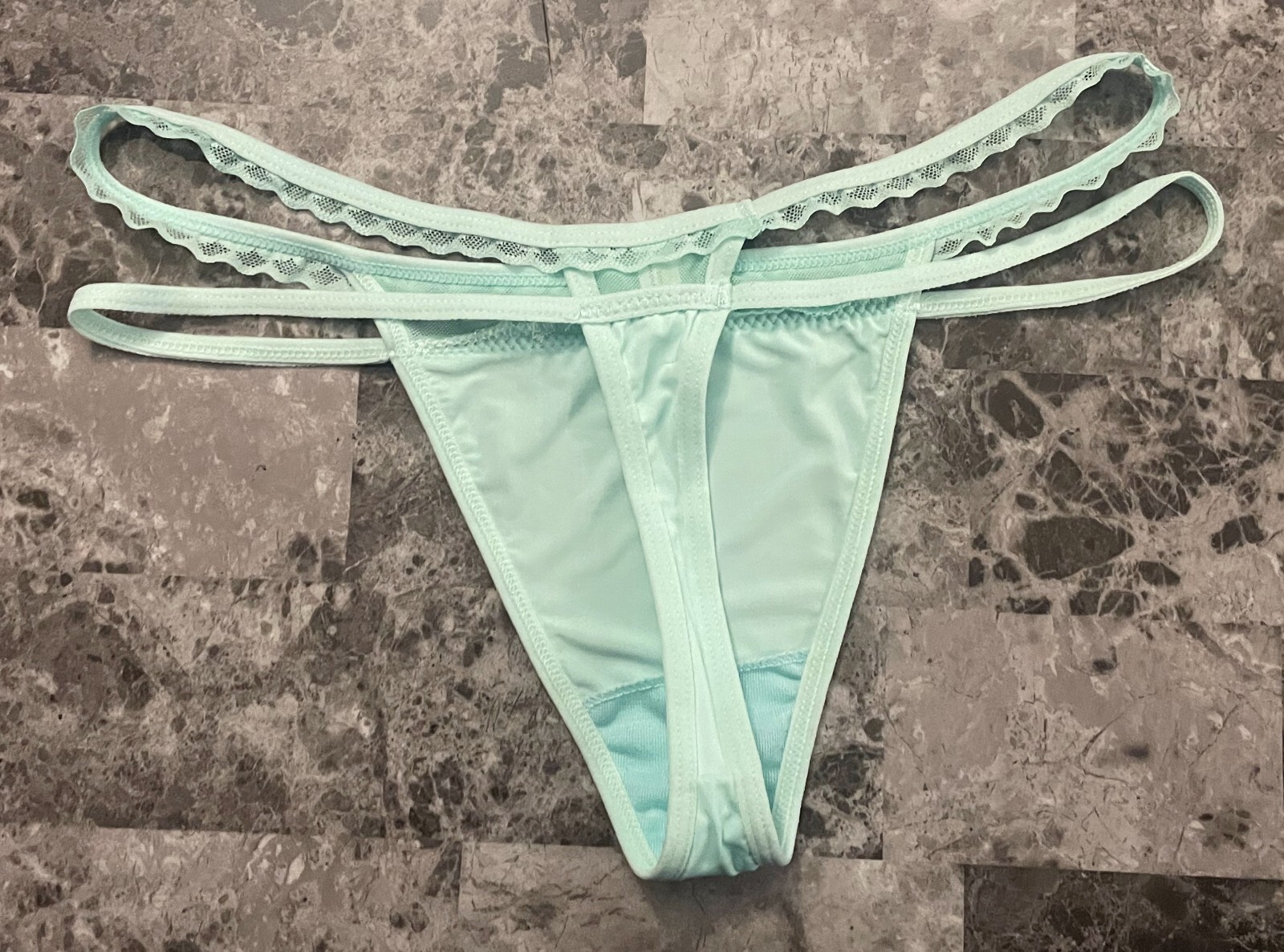 NWOT UNBRANDED LARGE AQUA SMOOTH LACE RUFFLE MESH STRAPPY RARE V THONG PANTIES