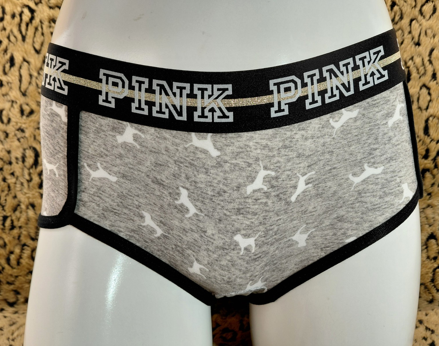 Victoria’s Secret PINK Glitter Logo Dog Gray Static Boy Short Panty PXS Sexy