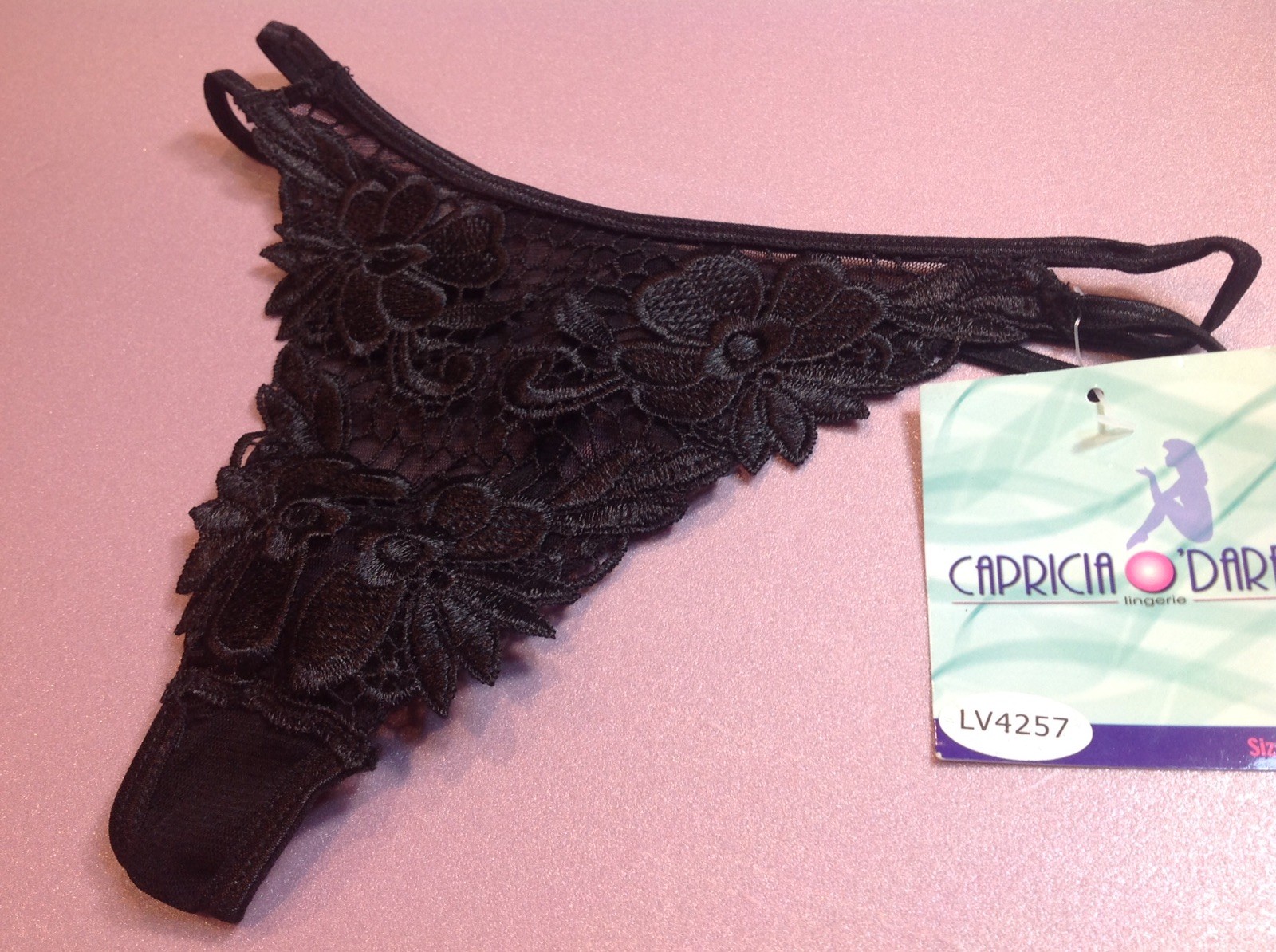 Women Panties,Thongs CAPRICIA O’DARE Size M/6Black FloralFishnet DoubleWaistband
