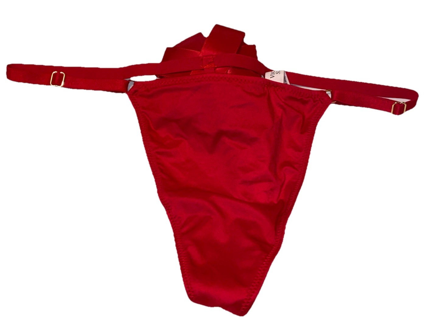 Victorias Secret Red Tied with a Bow V-string Thong Panties Size L Adj Waist NWT