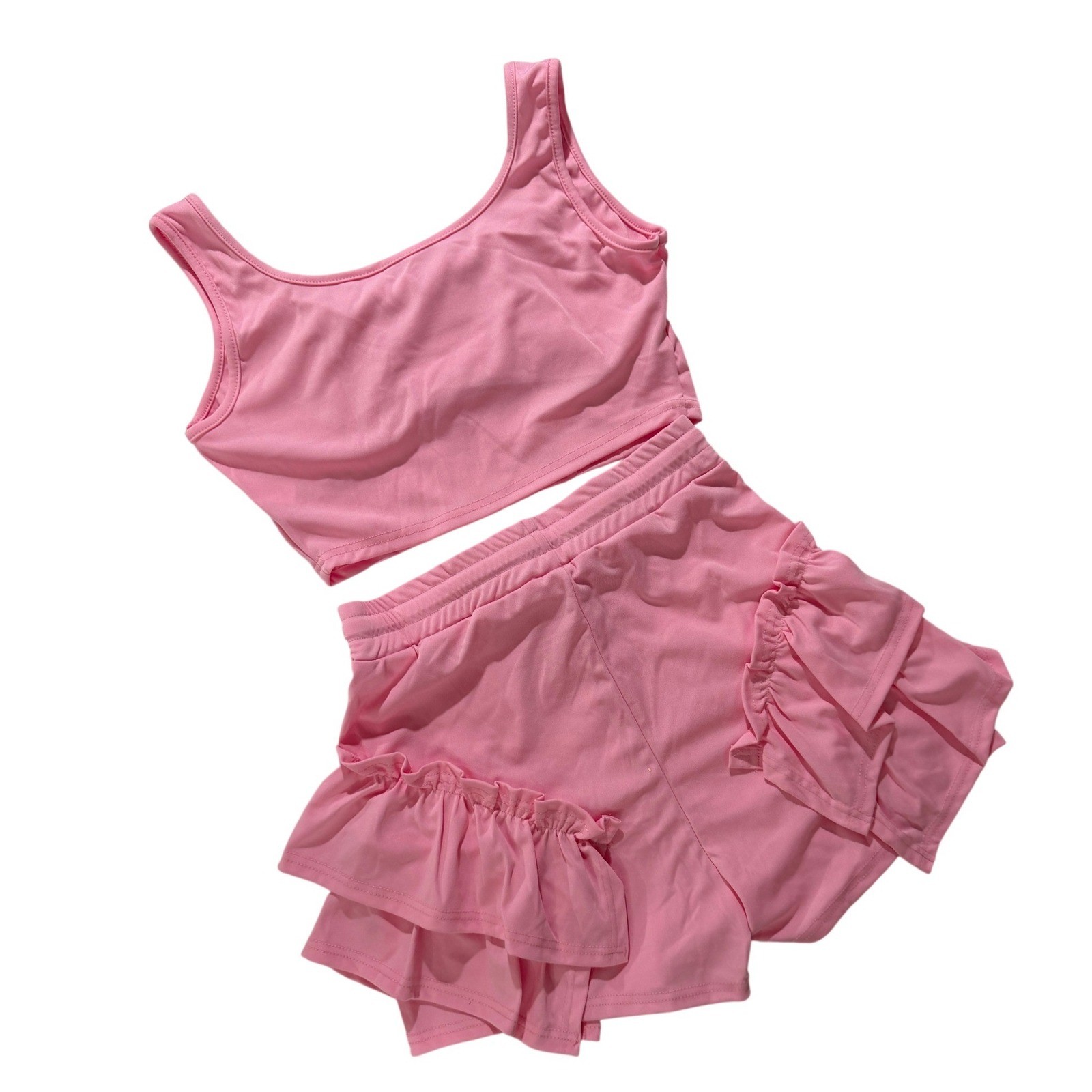 Pink Ruffle Lounge Set Crop Tank & Shorts Elastic Waist XL