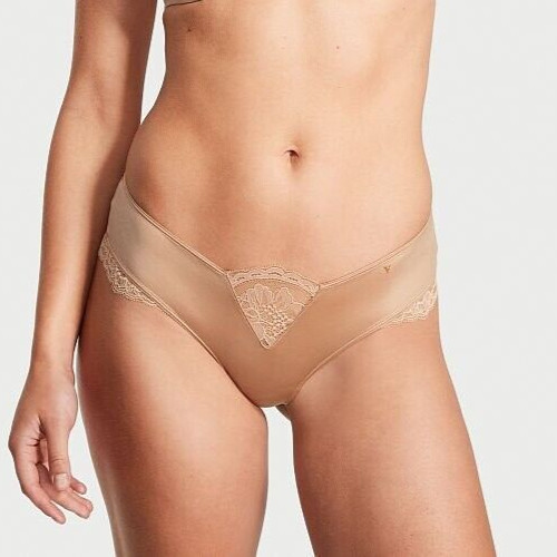 XL Beige Tan Sand Satin Micro Lace Inset Very Sexy Cheeky Victorias Secret Panty
