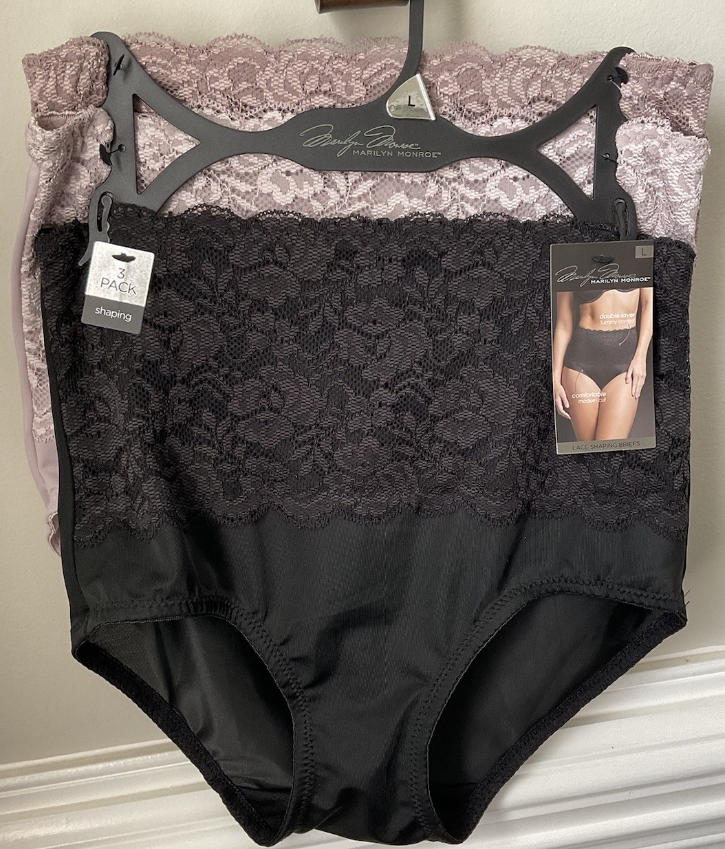 Marilyn Monroe 3 Pair Lace Shaping Briefs Double Layer Tummy Panel Slimming L