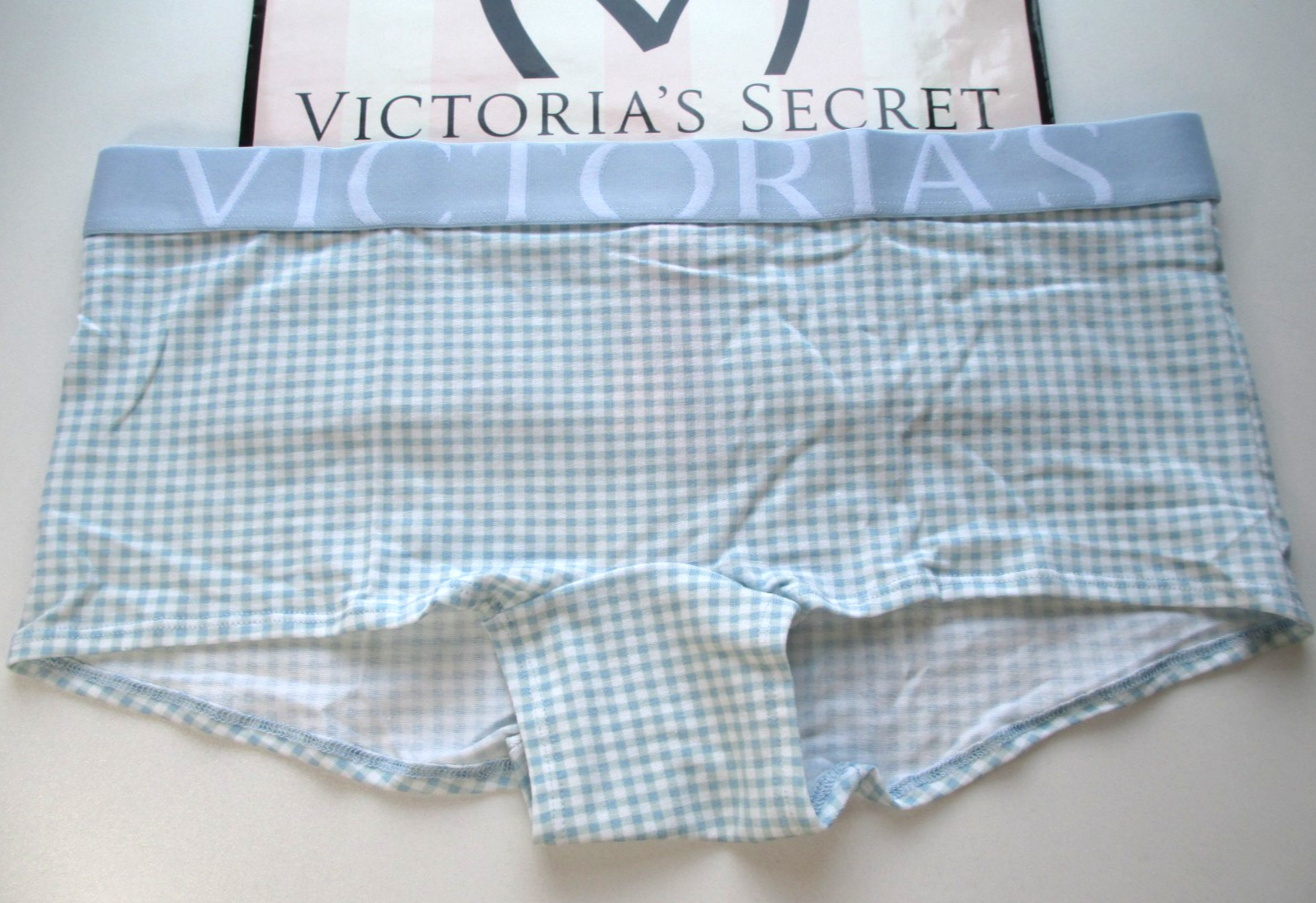 VICTORIA’S SECRET Cotton Boyshort Panty S M L XL Blue Gingham NWT Exploded Logo