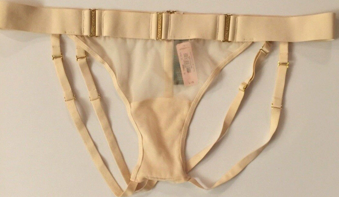 Victorias Secret Sexy Beige Brazilian Panties Size L Strappy Adj Metal Hardware