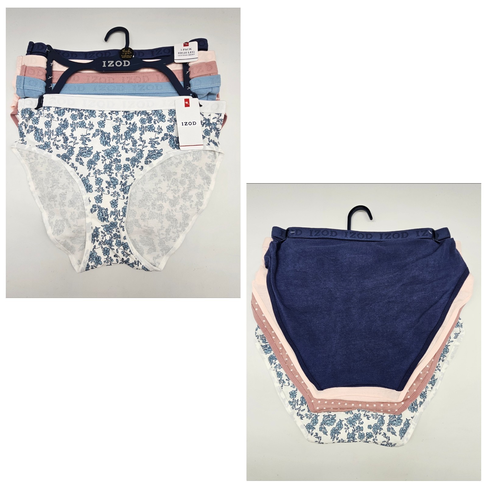 IZOD 5 Pack Womens M XL High Leg Cotton Brief Logo Panties Navy Pink Beige Blue